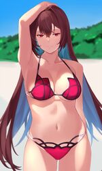  arm_up beach bikini blue_sky breasts day fate/grand_order fate_(series) female hair_intakes highres horizon kameponde large_breasts looking_at_viewer navel outdoors pink_bikini purple_bikini purple_hair red_eyes sand scathach_(fate) scathach_(swimsuit_assassin)_(fate) sky smile solo swimsuit tree 