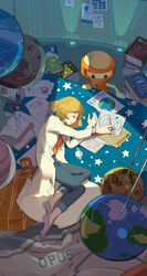  1other blonde_hair book coat denim dna earth_(planet) female full_body highres holding holding_pen jeans long_sleeves lying mercury_(planet) neptune_(planet) no-show_socks on_side orange_shirt original pants parted_lips pen pile_of_books planet planetarium robot science_fiction scientist shirt short_hair sleeping socks tennohi white_coat 