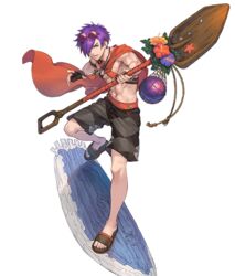  1boy black_male_swimwear capelet eyewear_on_head fire_emblem fire_emblem:_three_houses fire_emblem_heroes fire_emblem_warriors:_three_hopes holding holding_paddle male_focus male_swimwear nishiki_areku official_art paddle purple_eyes purple_hair red_capelet sandals shez_(fire_emblem) shez_(male)_(fire_emblem) shez_(male)_(summer)_(fire_emblem) solo sunglasses surfboard toenails toes transparent_background 