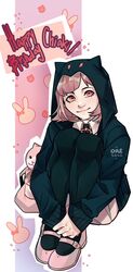  absurdres animal_bag animal_hood animal_print artist_name backpack bag black_jacket black_thighhighs brown_skirt cat_bag cat_hood character_name commentary_request danganronpa_(series) danganronpa_2:_goodbye_despair female flipped_hair happy_birthday highres hood hugging_own_legs jacket long_sleeves looking_at_viewer medium_hair nanami_chiaki neck_ribbon oresand outline pink_eyes pink_footwear pink_hair pink_ribbon pleated_skirt rabbit_print ribbon shirt shoes skirt smile solo thighhighs unworn_backpack unworn_bag white_background white_outline white_shirt 