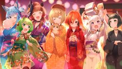  animal animare aqua_eyes aqua_hair black_hair blonde_hair blush braids brown_hair candy cat_smile choker doggirl festival flat_chest food foxgirl green_eyes green_hair group haibara_akane hat hinokuma_ran inaba_haneru japanese_clothes kazami_kuku kokka_han long_hair mask necklace oerba_yun_fang purple_eyes red_eyes red_hair shiromiya_mimi short_hair souya_ichika summer thighhighs white_hair wink yukata yunohara_izumi zettai_ryouiki 