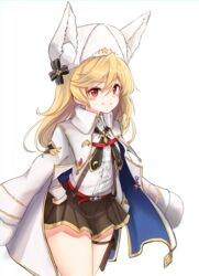  10eki_(tenchou) absurdres animal_ear_headwear animal_ears blonde_hair blush brown_skirt clip_studio_paint_(medium) coat coat_on_shoulders collared_shirt commentary cowboy_shot fake_animal_ears female flat_chest frilled_shirt frills fur_hat girls&#039;_frontline hair_between_eyes hand_on_own_hip hat highres long_hair long_sleeves nagant_revolver_(girls&#039;_frontline) nagant_revolver_(mod3)_(girls&#039;_frontline) pleated_skirt red_eyes shirt simple_background skirt smile solo thighs ushanka white_background white_coat white_shirt 