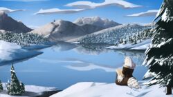  16:9 avery_raya_(mintflavoreddragon) avian bird digital_media_(artwork) drawing_pad evergreen_tree female feretta footprint hi_res horned_owl lake landscape mountain owl pine_tree plant scenery shaded sky snow snowy_owl solo tree true_owl widescreen 