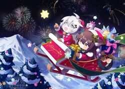  2girls :d animal_ear_fluff animal_ears antenna_hair arknights artist_name bell belt blue_eyes blush bobblehat bow box brown_gloves brown_hair brown_mittens chibi christmas christmas_tree commentary dress english_commentary fireworks fur-trimmed_sleeves fur_trim gift gift_box gloves green_bow hair_ornament hairbow hat holding holding_gift holly inuko_(redconstellation) lappland_(arknights) long_hair mittens mountain multiple_girls neck_bell night night_sky oerba_yun_fang outdoors pointing red_dress red_headwear santa_costume santa_dress santa_hat sitting skin_fang sky smile star_(symbol) star_hair_ornament texas_(arknights) very_long_hair white_hair wolf_ears wreath yellow_eyes 