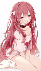  absurdres between_legs black_collar blush bow collar commentary feline female fusuma_(ramunezake) hair_between_eyes hairbow hand_between_legs heart heart-shaped_pupils heart_print highres long_hair looking_at_viewer open_mouth original pink_eyes red_hair shirt simple_background sitting solo symbol-shaped_pupils v_arms very_long_hair white_background white_cat white_shirt 