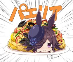  animal_ears black_hat blue_flower blue_rose brown_hair commentary female flower food fruit gyokuto_b hair_over_one_eye hat hat_flower horse_ears horse_girl in_food lemon lemon_slice long_hair lying mussel on_stomach paella plate purple_eyes rice_shower_(umamusume) rose shrimp smile solo tilted_headwear translated umamusume 