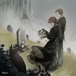  1boy absurdres benson_moretti black_dress bouquet brother_and_sister brown_eyes brown_hair building chinese_commentary commentary_request dress feline female flower fog funeral_dress grass graveyard highres jacket lace looking_down lord_of_the_mysteries melissa_moretti mourning no.9_yualuodesi_mimitongxinzhong short_hair siblings signature tomb tombstone wind 