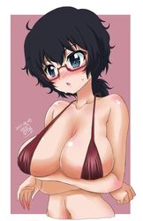  artist_name bikini black_eyes black_hair blush breast_hold breasts brown-framed_eyewear cleavage commentary cropped_torso crossed_arms dated female fujimaru_arikui girls_und_panzer glasses highres jimiko large_breasts looking_away messy_hair navel one-hour_drawing_challenge open_mouth oryou_(girls_und_panzer) outside_border purple_background purple_bikini semi-rimless_eyewear short_hair short_ponytail signature skindentation solo sweat swimsuit under-rim_eyewear upper_body 