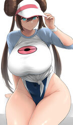  alternate_breast_size alternate_costume aqua_eyes arm_behind_back arm_support blue_one-piece_swimsuit blurry blush breasts brown_hair closed_mouth competition_swimsuit covered_navel cowboy_shot curvy double_bun doughnut_hair_bun duplicate female front-tie_top groin hair_between_eyes hair_bun hand_on_headwear hand_up hat highleg highleg_swimsuit highres huge_breasts invisible_chair kemigawa_mondo legs_together light_blush long_hair looking_at_viewer one-piece_swimsuit pixel-perfect_duplicate poke_ball_symbol pokemon pokemon_bw2 raglan_sleeves rosa_(pokemon) shirt sidelocks simple_background sitting smile solo straight_hair sweat swimsuit swimsuit_under_clothes taut_clothes thick_thighs thighs tied_shirt twintails very_long_hair visor_cap white_background white_hat white_shirt wide_hips wristband 