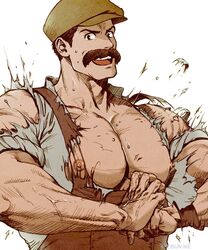  1boy bara bare_pectorals bursting_pectorals exploding_clothes facial_hair fist_in_hand flexing flexing_pectorals flying_button highres i_reibun large_pectorals looking_at_viewer male_focus mature_male moustache mr._duffi muscular muscular_male nipples open_mouth overalls pectorals scene_reference shirt short_hair sideburns smile solo teeth tenkuu_no_shiro_laputa torn_clothes torn_shirt upper_body upper_teeth_only veins veiny_hands 