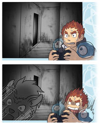  2boys camera facial_hair furry furry_male goatee holding holding_camera male_focus motion_lines multiple_boys nyarlathotep_(housamo) peeking_out scared short_hair sideburns spirit surprised sweatdrop tamamura_gunzo tokyo_afterschool_summoners tsuna_(so_da77) 