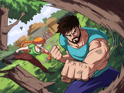  3boys alex_(minecraft) beard blouse blue_shirt boots breasts brown_hair chun-li cleavage denim facial_hair female green_shirt highres house jeans kicking long_hair minecraft multiple_boys muscular muscular_male orange_hair pants punching ryu_(street_fighter) shirt short_hair short_sleeves steve_(minecraft) street_fighter tina_fate tree villager_(minecraft) 