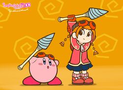  braid crossover drill female gloves goggles gurumin highres holding kirby kirby_(series) long_sleeves orange_hair oversized_zipper parin power_drill pumpkinspice7500 self-upload shoes skirt sneakers socks super_smash_bros. twin_braids weapon 