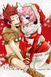  1boy 1girls big_breasts black_sclera busty christmas christmas_outfit cleavage costume cute eijirou_kirishima female gloves hand_on_hip holding_hands holidays horns innocent long_gloves male mina_ashido miniskirt my_hero_academia pink_hair pink_skin red_gloves red_hair reindeer_costume revealing_clothes santa_costume sharp_teeth short_skirt snowflake stockings straight sweet thighhighs tight_clothing voluptuous wink winter 