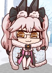  :3 animal_ear_fluff animal_ears black_bow black_gloves bow breasts cape cape_hold closed_mouth commentary fate/grand_order fate_(series) female fox_girl fox_tail glasses gloves hairbow koyanskaya_(assassin)_(second_ascension)_(fate) koyanskaya_(fate) l.n long_hair looking_at_viewer pink_hair playboy_bunny rabbit_ears riyo_(lyomsnpmp)_(style) snow solo standing tail tamamo_(fate) thighhighs twintails yellow_eyes 