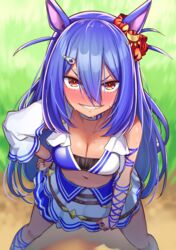  animal_ears arm_at_side blue_hair blush breasts cleavage ear_scrunchie feet_out_of_frame female from_above hair_ornament hairclip hand_on_own_hip hcstyrus_ii highres hishi_amazon_(umamusume) horse_ears horse_girl legs_apart long_hair looking_at_viewer medium_breasts midriff navel nose_blush orange_eyes outdoors shadow single_sleeve skirt smile solo standing sweat umamusume v-shaped_eyebrows white_skirt 