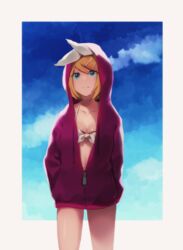  :&lt; arm_behind_back bare_legs bikini bikini_under_clothes blonde_hair blue_eyes blue_sky bow breasts cleavage closed_mouth cloud collarbone commentary day female hairbow hand_in_pocket hood hood_up hoodie kagamine_rin looking_at_viewer mipi pink_hoodie purple_hoodie short_hair sky solo swimsuit unzipped vocaloid 