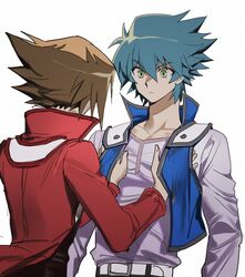  2boys belt blank_stare blue_hair brown_hair cocaduel commentary couple duel_academy_uniform_(yu-gi-oh!_gx) grabbing gradient_hair hand_under_clothes highres jacket johan_andersen long_sleeves male_focus medium_hair multicolored_hair multiple_boys pectoral_grab red_jacket school_uniform short_hair sidelocks two-tone_hair upper_body white_background white_belt yaoi yu-gi-oh! yu-gi-oh!_gx yuki_judai 