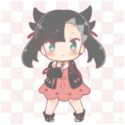  :&lt; asymmetrical_bangs bare_shoulders black_choker black_footwear black_hair black_jacket blush boots checkered_background chibi choker closed_mouth collarbone commentary_request dress female full_body green_eyes hair_ribbon jacket long_hair long_sleeves looking_at_viewer marnie_(pokemon) mitarashi_neko off_shoulder open_clothes open_jacket pink_dress pokemon pokemon_swsh red_ribbon ribbon sleeves_past_wrists solo standing translation_request twintails 