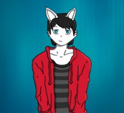  anthro black_hair blue_eyes canid canine canis clothing fur hair jacket male mammal pattern_clothing solo striped_clothing stripes topwear white_body white_fur wolf yeetboi420z 