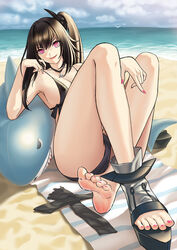  architect_(girls&#039;_frontline) architect_(nvw_model)_(girls&#039;_frontline) arm_rest barefoot beach beach_towel bird black_footwear black_gloves black_hair black_one-piece_swimsuit breasts casual_one-piece_swimsuit cloud cloudy_sky commentary_request crossed_ankles day feet female fingerless_gloves fingernails full_body girls&#039;_frontline gloves hair_ornament head_rest highres ikarusflyhigh inflatable_shark inflatable_toy jewelry large_breasts legs lipstick long_hair looking_at_viewer makeup nail_polish necklace ocean one-piece_swimsuit one_side_up outdoors pink_eyes pink_lips pink_nails sand sangvis_ferri seagull shoes single_shoe sitting sky smile soles solo swimsuit toeless_footwear toenail_polish toenails toes towel unworn_gloves unworn_shoes variant_set water wet 