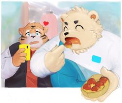  2021 absurd_res anthro bear black_nose blue_eyes blush cellphone closed_eyes clothing duo eating electronics felid food fur heart_symbol hi_res kemono male male/male mammal orange_body orange_fur overweight overweight_male pantherine phone sakisukem shirt smartphone tiger topwear 