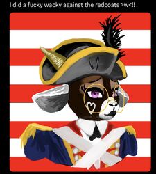  anthro bovid caprine clothing costume english_text femboy goat lips male mammal profanity revolutionary solo text united_states_of_america 