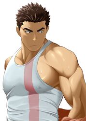  1boy akihiro_altland bara black_eyes black_hair covered_nipples dark-skinned_male dark_skin gundam gundam_tekketsu_no_orphans highres large_pectorals male_focus muscular muscular_male nipples pectorals short_hair sidepec solo takejirog tank_top thick_eyebrows topless_male upper_body white_background white_tank_top 