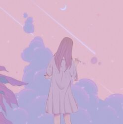  bad_id bad_twitter_id blowing_bubbles bubble cloud cloudy_sky crescent_moon dress feet_out_of_frame female hand_up highres leaf long_hair moon original pink_theme plant purple_hair rasukusekai shooting_star short_sleeves sky solo white_dress 