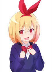  :d blonde_hair blue_sweater blush bow brown_hair collared_shirt commentary_request derivative_work dress_shirt female gradient_hair hair_between_eyes hair_ribbon hands_up kokura_hikari long_sleeves multicolored_hair open_mouth red_bow red_eyes red_ribbon ribbon rifle_is_beautiful shirt simple_background sleeves_past_wrists smile solo sweater upper_body white_background white_shirt yutsuki_warabi 