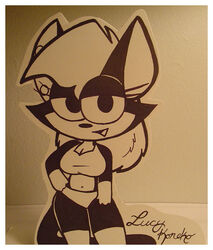  anthro badly_drawn_kitties bikini black_body black_fur border chibi chill_(artist) clothing ear_piercing felid feline female fur hair hand_on_hip kat_smith long_hair lucy_black lucy_koneko mammal mat_sherer monochrome narrowed_eyes paper_child papercraft piercing short_stack smile solo standing swimwear toony traditional_media_(artwork) white_border 