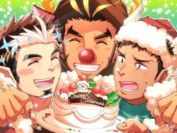  3boys animal_costume antenna_hair antlers arm_around_shoulder bara blonde_hair blush brown_hair cake christmas close-up dark-skinned_male dark_skin facial_hair food food_on_face goatee grin hat head_wings hermes_(housamo) highres horns long_sideburns male_focus mature_male multicolored_hair multiple_boys muscular muscular_male pointy_ears red_nose reindeer_antlers reindeer_costume santa_claus santa_hat short_hair sideburns smile snowflakes strawberry_shortcake streaked_hair stubble tepen_(tptptpn) thick_eyebrows tokyo_afterschool_summoners tomte_(housamo) two-tone_hair upper_body white_hair wings yamasachihiko_(housamo) 