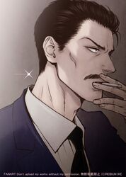  1boy black_hair black_necktie blue_suit cigarette collared_shirt facial_hair formal hair_slicked_back highres i_reibun looking_to_the_side male_focus meitantei_conan mouri_kogoro moustache necktie shirt short_hair sideburns smoking solo suit undershirt upper_body 