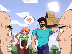  3boys alex_(minecraft) bald big_nose blouse blue_shirt breasts cleavage day denim female green_eyes green_shirt heart highres jeans long_hair minecraft multiple_boys muscular muscular_male orange_hair pants shirt short_hair short_sleeves sky spoken_heart steve_(minecraft) sun sweat tina_fate tree villager_(minecraft) 