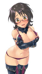  aimobake alternate_costume asano_fuka black_collar black_footwear black_gloves black_hair blush boots bra breasts bridal_gauntlets cleavage collar commentary_request covering_breasts covering_privates cowboy_shot detached_collar dot_nose embarrassed female frilled_gloves frills glasses gloves hair_down highres idolmaster idolmaster_cinderella_girls jimiko lace lace-trimmed_bra lace_collar lace_trim large_breasts leaning_forward looking_at_viewer lowleg lowleg_panties messy_hair navel open_mouth panties partial_commentary purple-framed_eyewear purple_bra purple_panties semi-rimless_eyewear short_hair simple_background solo standing thigh_boots thighhighs thighs under-rim_eyewear underwear white_background yellow_eyes 