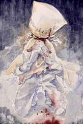  1boy absurdres bag_over_head cape colored_skin highres identity_v kneeling male_focus own_hands_together pants pi_(pixiv_68366372) robbie_(identity_v) solo white_pants white_skin 