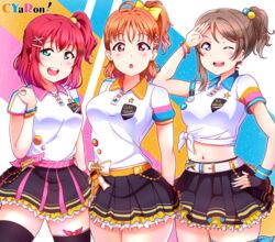  3girls :d :o absurdres ahoge arm_up arms_behind_back belt black_legwear black_skirt blue_eyes blue_nails bow bracelet braveheart_coaster breasts brown_hair character_name collared_shirt cowboy_shot cyaron!_(love_live!) earrings fingerless_gloves gloves green_eyes hair_ornament hairbow hairpin hand_on_own_hip hand_on_own_shoulder highres jewelry kurosawa_ruby large_breasts looking_at_viewer love_live! love_live!_sunshine!! matching_outfits medium_breasts midriff multiple_girls nail_polish navel one_eye_closed one_side_up open_mouth orange_hair pink_nails pleated_skirt ponytail red_eyes red_hair salute shirt short_hair simple_background skirt smile star_(symbol) star_hair_ornament takami_chika thighhighs tied_shirt tsumikiy watanabe_you white_shirt x_hair_ornament yellow_bow 