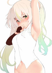  ahoge arm_behind_head arm_up armpits blonde_hair blush breasts camomi_camomi commentary covering_own_mouth detached_sleeves embarrassed female finger_to_mouth gloves gradient_hair green_eyes hair_ornament hairclip indie_virtual_youtuber looking_at_viewer medium_breasts multicolored_hair navel partially_fingerless_gloves shirt sideboob single_detached_sleeve solo stomach terazip two_side_up upper_body virtual_youtuber white_shirt 