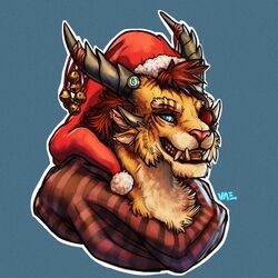  1:1 2021 anthro blue_eyes charr christmas christmas_clothing christmas_headwear clothing digital_media_(artwork) eyebrows eyelashes eyewear felid goggles guild_wars hat headgear headwear hi_res holidays horn mammal monocle open_mouth santa_hat smile solo teeth tongue vateo 