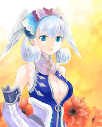  agasa_(agasaillust) bad_id bad_twitter_id bare_shoulders blue_eyes breasts center_opening cleavage cleavage_cutout clothing_cutout female flower head_wings highres looking_at_viewer medium_breasts melia_antiqua smile solo twitter_username upper_body white_hair wings xenoblade_chronicles_(series) xenoblade_chronicles_1 