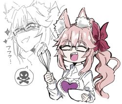  animal_ears apron baking bowl collared_shirt fate/grand_order fate_(series) female fox_ears glasses highres holding holding_whisk koyanskaya_(fate) long_hair pink_hair poison_(final_fight) ribbon sakeno_rarukan shirt skull_and_crossbones smile solo tamamo_(fate) whisk 