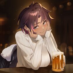  alcohol beer beer_mug black_jacket blurry blurry_background blush bon_(vtuber) breasts brown_hair cup dark-skinned_female dark_skin ear_piercing elbow_rest female hand_on_own_cheek hand_on_own_face head_rest highres indie_virtual_youtuber indoors jacket large_breasts looking_at_viewer mug multicolored_hair piercing pink_hair rakaieye ribbed_sweater short_hair sitting sleeves_past_wrists smile solo streaked_hair sweater table virtual_youtuber white_sweater 