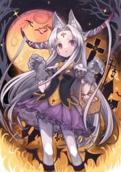  absurdres animal_ears basket bat_(animal) candy commentary_request dress female food full_moon hair_ornament halloween highres horns izayoi_cha long_hair moon night night_sky nightgown original pantyhose petticoat red_eyes skirt sky tattoo very_long_hair white_hair white_legwear 