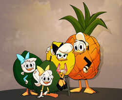  absurd_res anatid anseriform anthro avian avocado avocado_costume bird clothing costume daisy_duck disney donald_duck duck female food food_costume fruit group hi_res june_duck khionyohannmendoza lemon lemon_costume lime lime_costume male may_duck pineapple pineapple_costume plant 