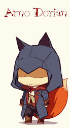  1boy absurdres animal_ears arno_dorian assassin&#039;s_creed:_unity assassin&#039;s_creed_(series) beige_background black_pants blue_coat boots brown_footwear character_name chibi coat commentary facial_hair fox_ears fox_tail full_body highres hood kemonomimi_mode long_sleeves male_focus open_clothes open_coat pants shirt simple_background smile solo standing tail white_shirt 