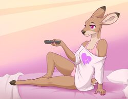  2019 anthro bed biped bottomless bra brown_body brown_fur clothed clothing cloven_hooves countershading deer digital_media_(artwork) ears_back female fur furniture heart_symbol hi_res holding_object hooves loimu loimu_(character) mammal multicolored_body multicolored_fur off_shoulder on_bed panties pillow pink_bra pink_clothing pink_eyes pink_panties pink_underwear pivoted_ears shirt sitting solo tan_body tan_fur text topwear training_bra two_tone_body two_tone_fur underwear unguligrade unguligrade_anthro y2k_(fashion) 