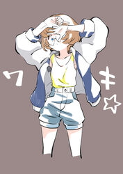  absurdres armpits arms_up blue_eyes blue_jacket blue_shorts brown_background brown_hair closed_mouth commentary covering_one_eye cowboy_shot cropped_legs expressionless female glasses high-waist_shorts highres ichinose_minori jacket long_sleeves looking_at_viewer open_clothes open_jacket partially_colored precure round_eyewear shirt shirt_tucked_in short_hair shorts simple_background sleeveless sleeveless_shirt solo star_(symbol) tankobukids translation_request tropical-rouge!_precure white_sleeves yellow_shirt 