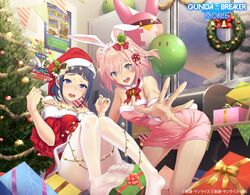  2girls absurdres animal_ears bell black_hair blue_hair blush bow breasts brown_hair christmas christmas_lights christmas_ornaments christmas_tree cleavage commentary copyright_name copyright_notice dress feet feet_out_of_frame green_eyes grey_eyes gundam gundam_breaker_mobile haro hat highres kotomori_ran legs miyama_sana mochizuki_nao_(gundam_breaker_mobile) multiple_girls neck_bell no_shoes official_art open_mouth pantyhose pink_dress pink_hair promotional_art purple_eyes rabbit_ears rabbit_tail rx-78-2 sanakapool santa_costume santa_hat sarashina_mizuki snow taiki_(luster) tail teeth toes two_side_up white_legwear wreath 