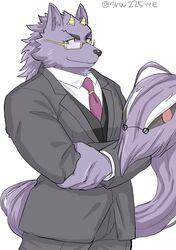  anthro bathym_(tas) canid canine canis clothing demon eyewear fur glasses hi_res horn lifewonders male mammal muscular muscular_anthro muscular_male necktie purple_body purple_fur solo srw225we suit tokyo_afterschool_summoners wolf 