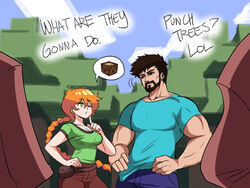  3boys alex_(minecraft) beard blouse blue_shirt breasts cleavage denim english_text facial_hair female green_shirt hand_on_own_hip hands_on_own_hips highres jeans long_hair long_sleeves minecraft multiple_boys muscular muscular_male orange_hair pants pouch shirt short_sleeves spoken_object steve_(minecraft) tina_fate tree villager_(minecraft) 